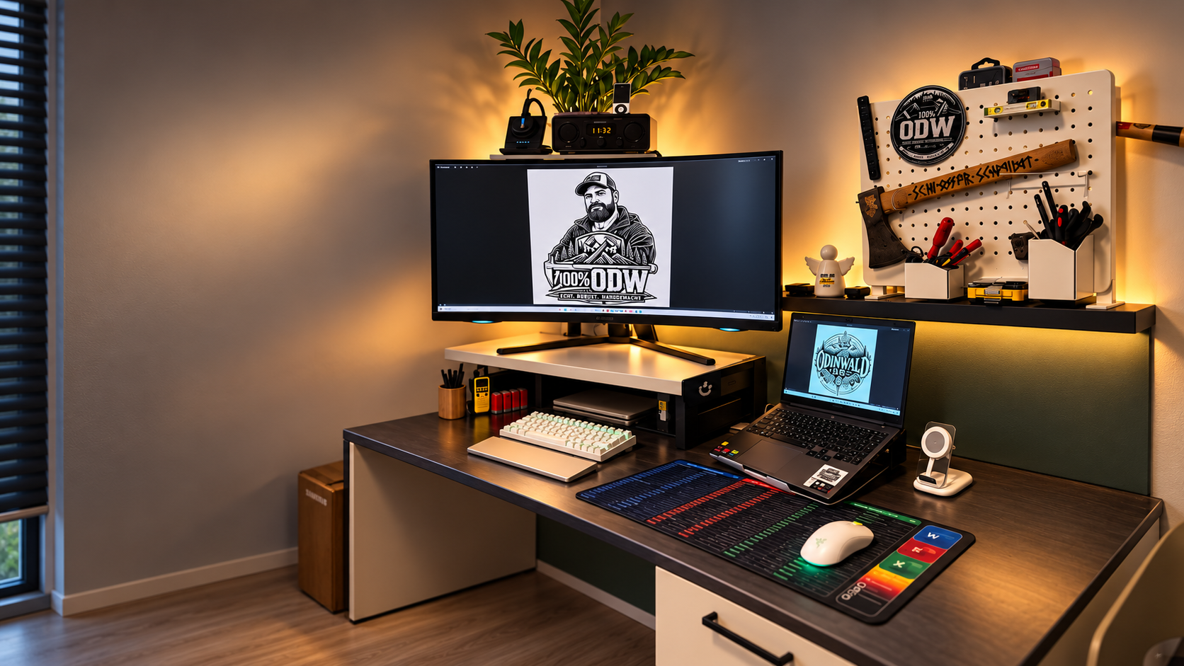 Konzeptdarstellung eines ODW-Arbeitsplatzes mit Bildschirm, Laptop und Arbeitsmaterialien