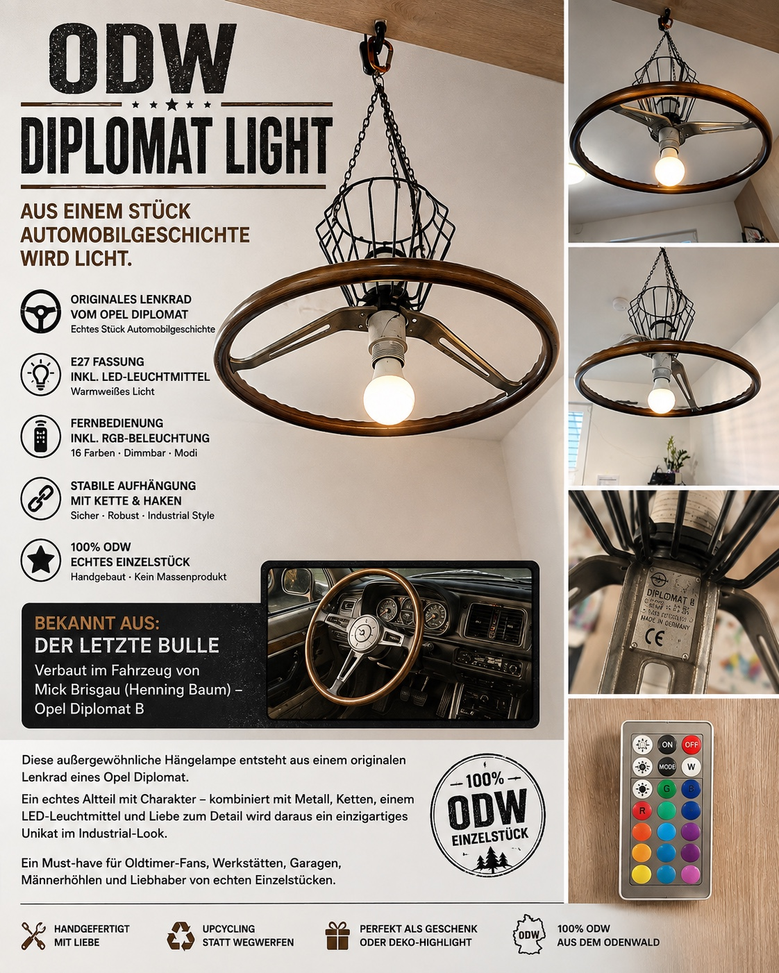 ODW DIPLOMAT LIGHT Produktgrafik mit Gesamtansicht, Aufhängung, Fassung und Fernbedienung