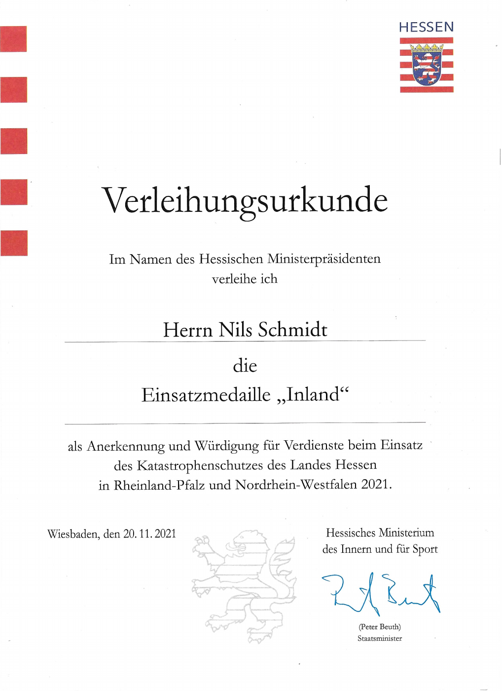 Verleihungsurkunde für Nils Schmidt: Einsatzmedaille Inland des Landes Hessen, 20. November 2021